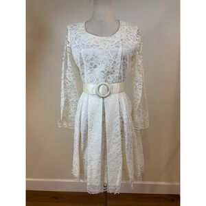 Vtg 50s 60s Wedding Dress S Ivory Lace Belted Elopement Reception Cocktail Mod